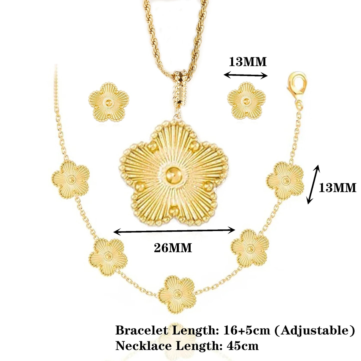 Hot Sale Stainless Steel Luxury Five Leaf Flower Necklace Earrings Bracelet Jewelry Set for Woman Party Flower Jewelry Clover