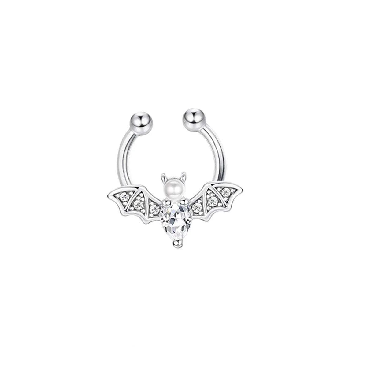 1Pc Fashion Cute Halloween Bat Fake Septum Nose Rings, Clip On Pearl Bat Septum Rings Cubic Zirconia Non Piercing Septum Jewelry