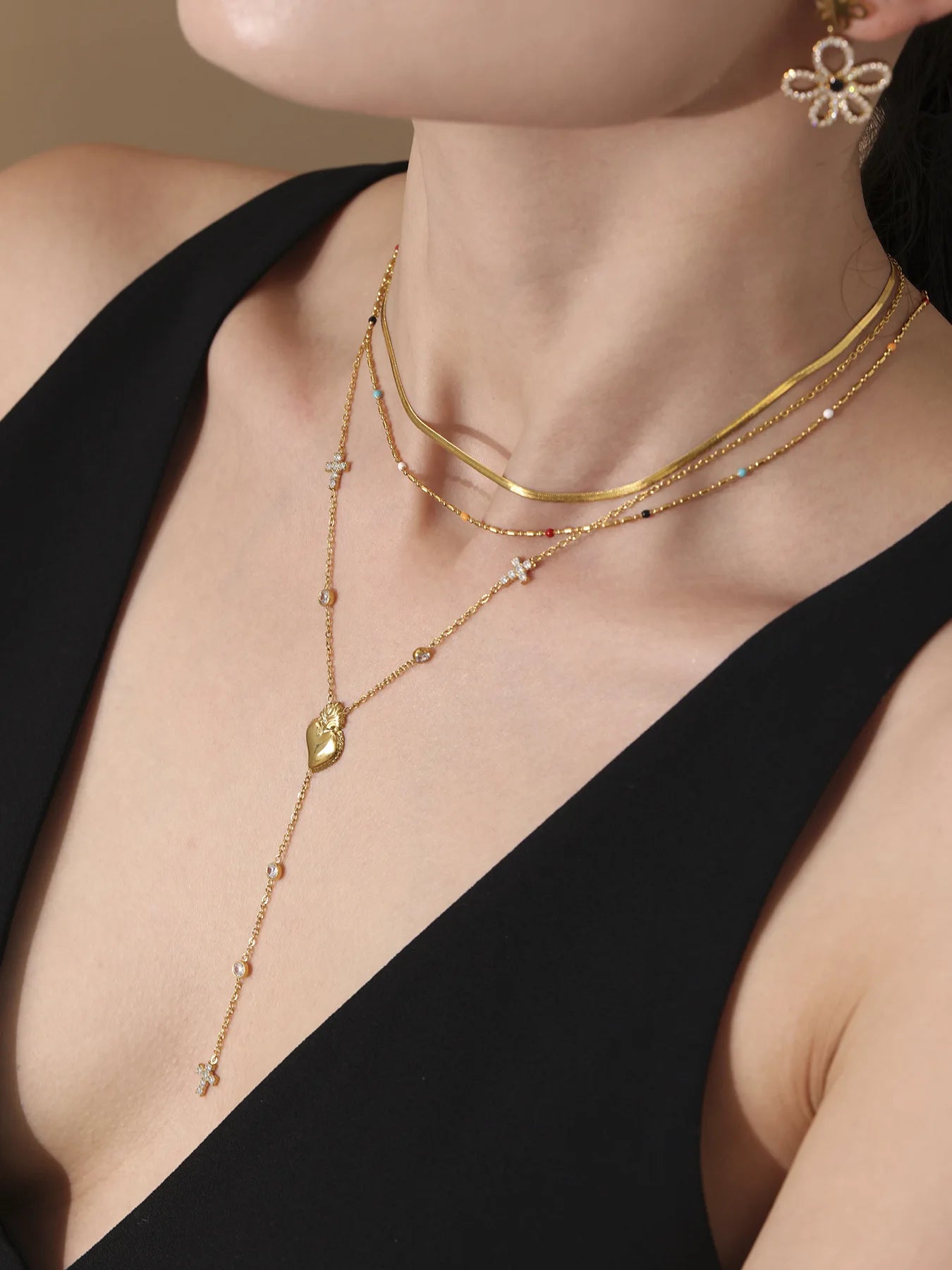 Elegant Stainless Steel Women Necklace Long Cross Pendant Round Zircon Chain Waterproof Luxury Charm Jewelry