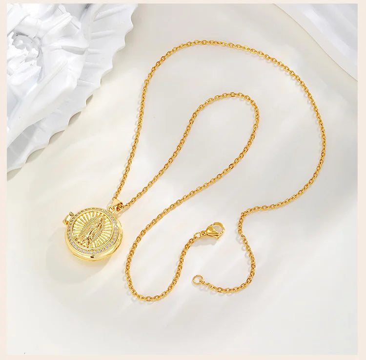 Round Zircon Virgin Mary Locked Pendant Necklace for Women, No Photo, Adjustable Link Jewelry