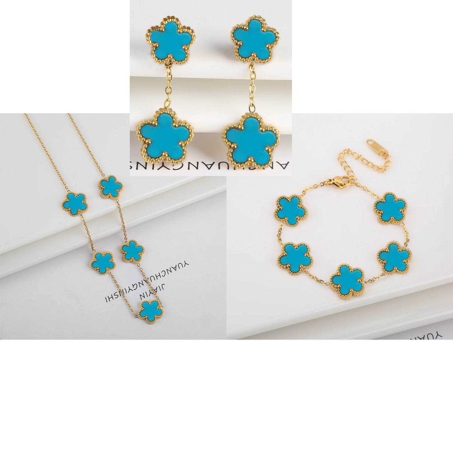 3Pcs Luxury Stainless Steel Five Leaf Flower Jewelry Set Bracelet Necklace Earrings Classic for Women Daily Party Jewelry Clover