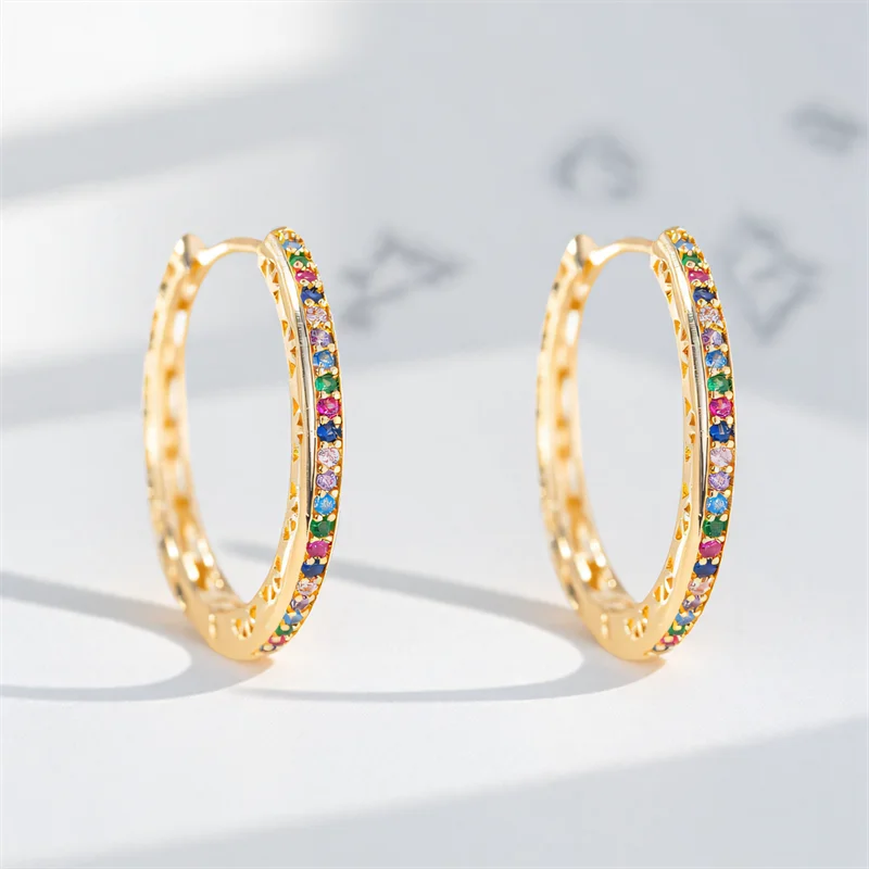 Rainbow Zircon Multicolor Stone Round Hoop Earrings For Women Gold Color Ear Buckle Daily Wedding Party Jewelry Mothers Day Gift