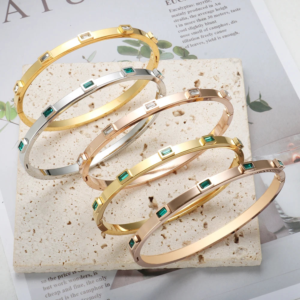 Luxury Open Cuff Bangles Bracelets Crystal Zirconia Rose Gold Color Stainless Steel Bracelet for Women Men Fashion Jewelry