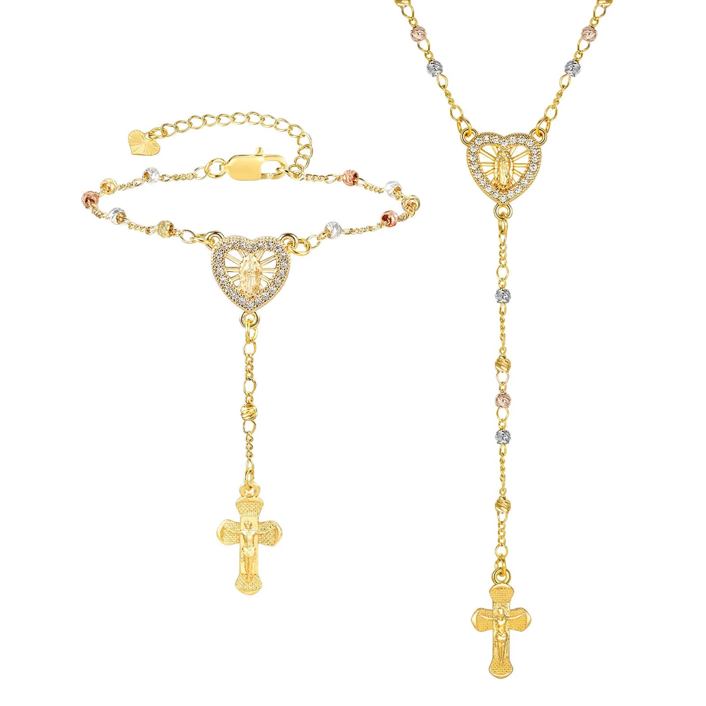 Zirconia Heart Virgin Mary Rosary Bead Cross Necklace for Women, Long Chain Cross Pendant Christian Catholic Religious Jewelry