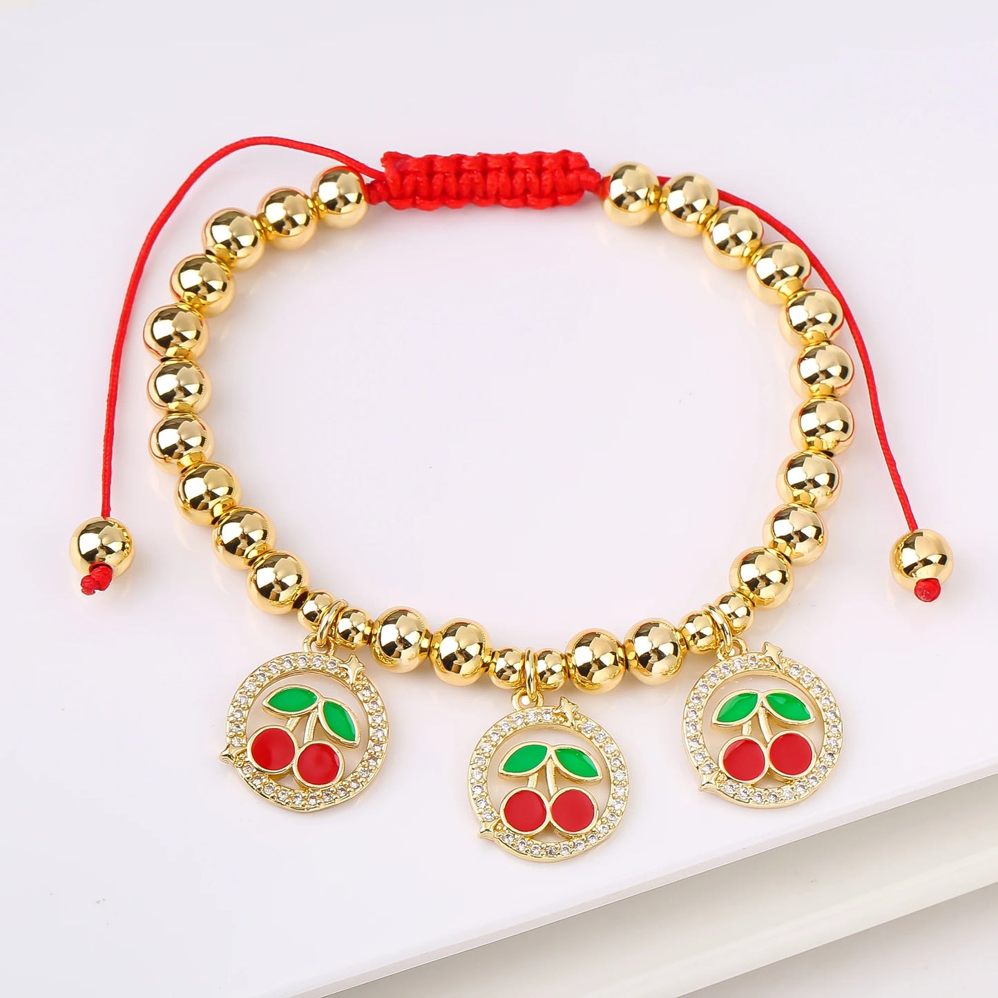 Gold Plated 6mm Copper Bead Chain Braided Fruit Cherry Crystal Adjustable Bracelet New Fashion Woman Girl Daily Wear Jewelry