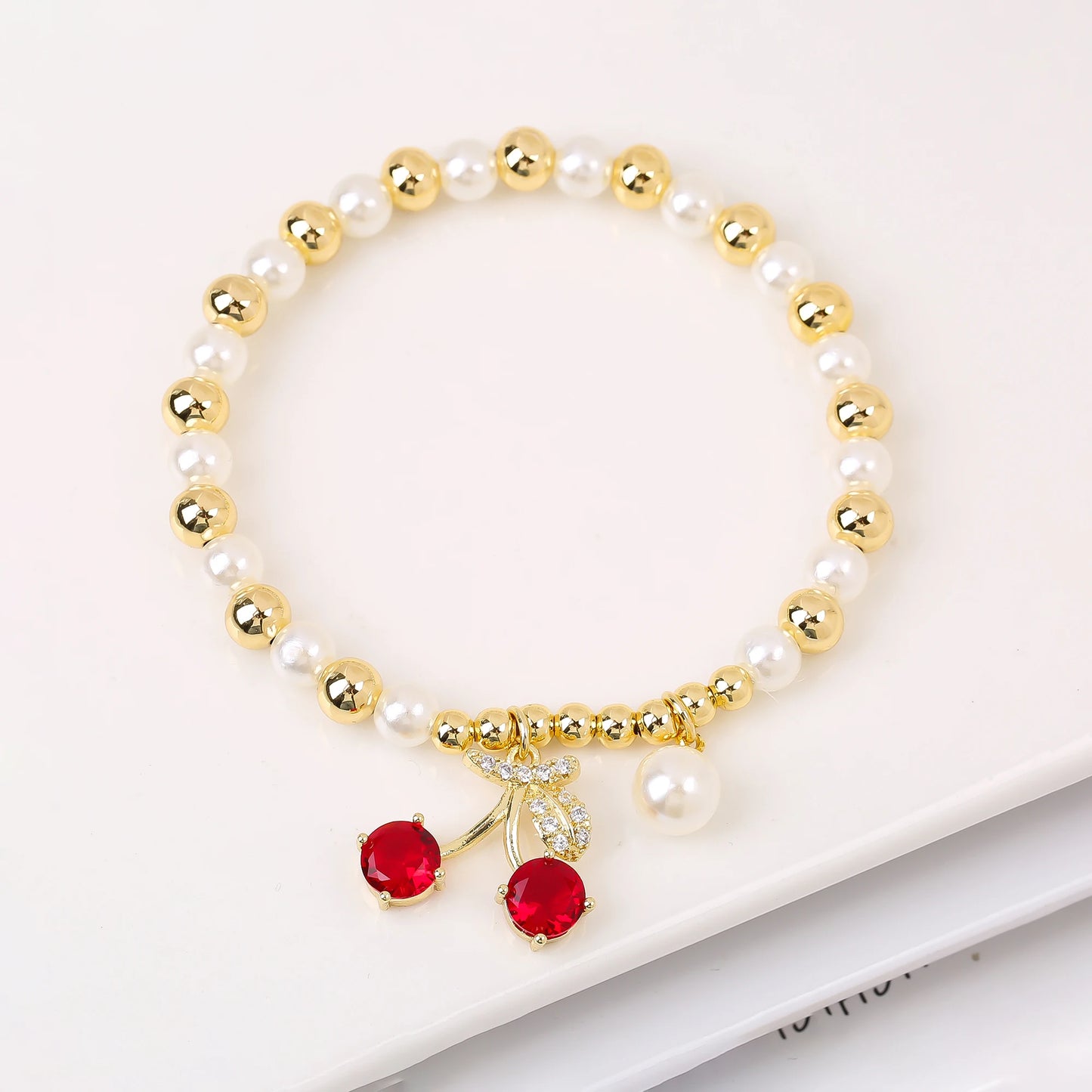 Trendy Crystal Cherry Shape Heart Copper Beads Chain Pearls Bracelet For Women 15 Styles Choice Daily Versatile Jewelry Gift