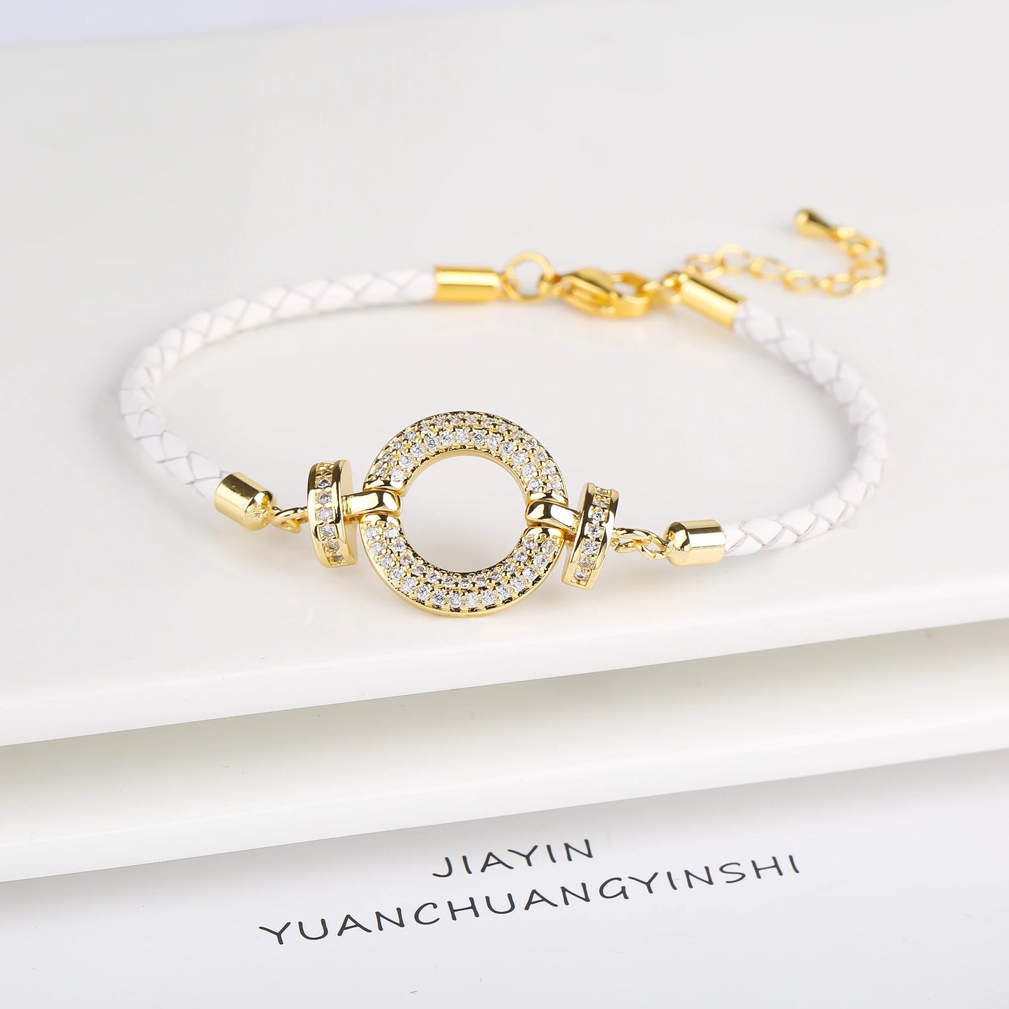 Trendy Colored Round Zirconia Accessory Leather Braided Adjustable Bracelet High Quality Party Holiday Jewelry Gift For Women