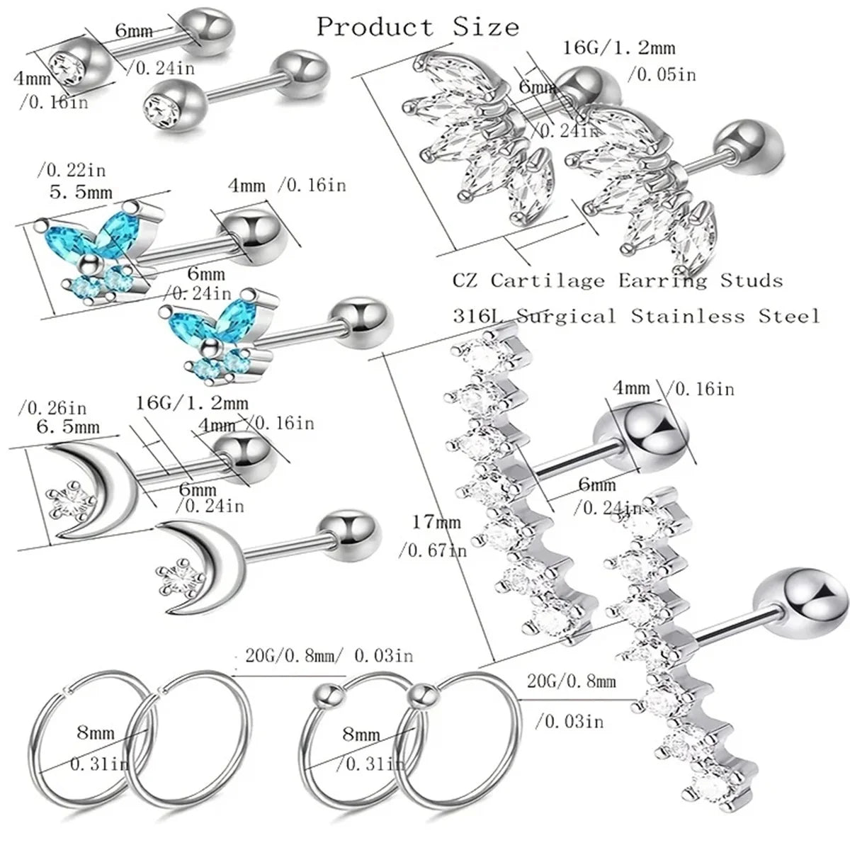 2/14 Pcs Hypoallergenic Butterfly Moon Cartilage Earring Studs,Tragus Conch Piercing Jewelry Daith Helix Conch Hoop Earrings