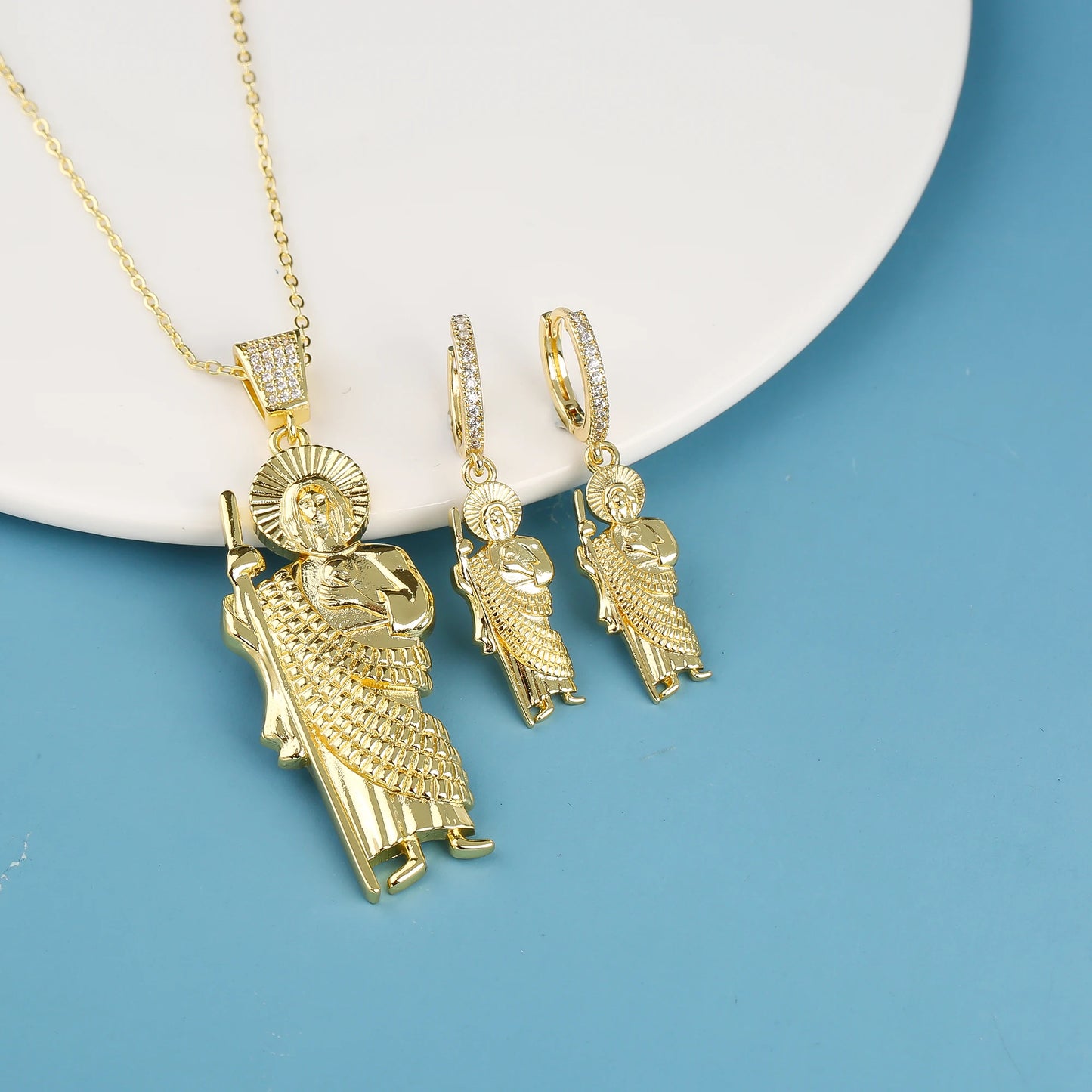 18K Gold Plated Religious Figures St. Jude Necklace Earrings Jewelry Set Simple for Woman Christian Catholic Jewelry Daily Wear