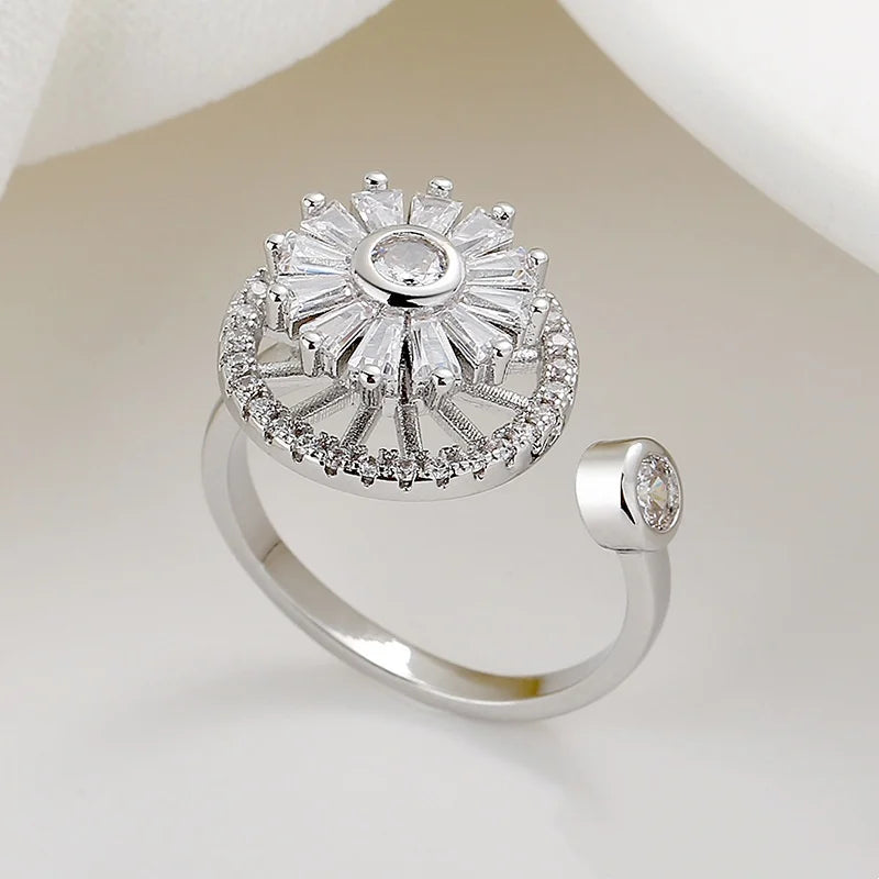 Versatile Flower Rotatable Cubic Zirconia Size Adjustable Rings For Women Gold Copper Metal Ring Party Jewelry