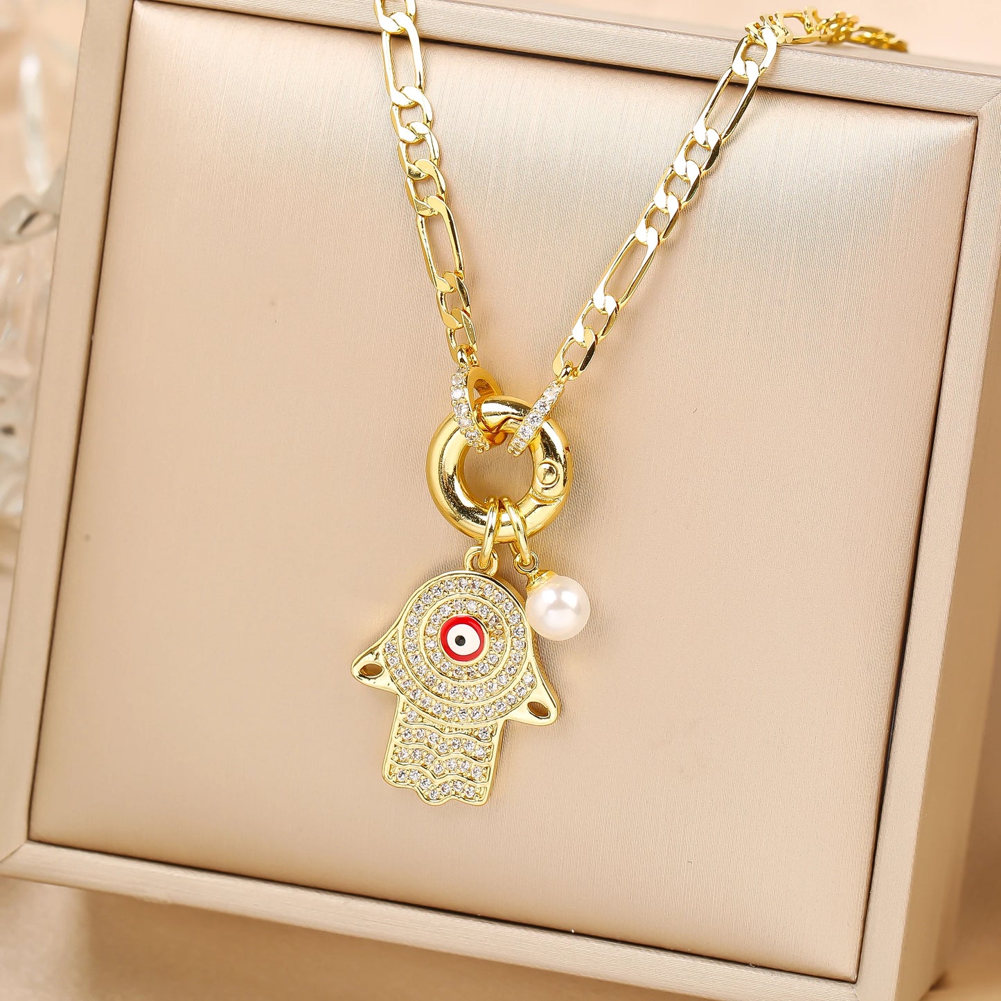 Punk Style Full Zirconiac Evil Eye Palm Pearl Pendant Necklace Luxury For Man Woman Daily Wear Clavicle Chain Jewelry Party Gift