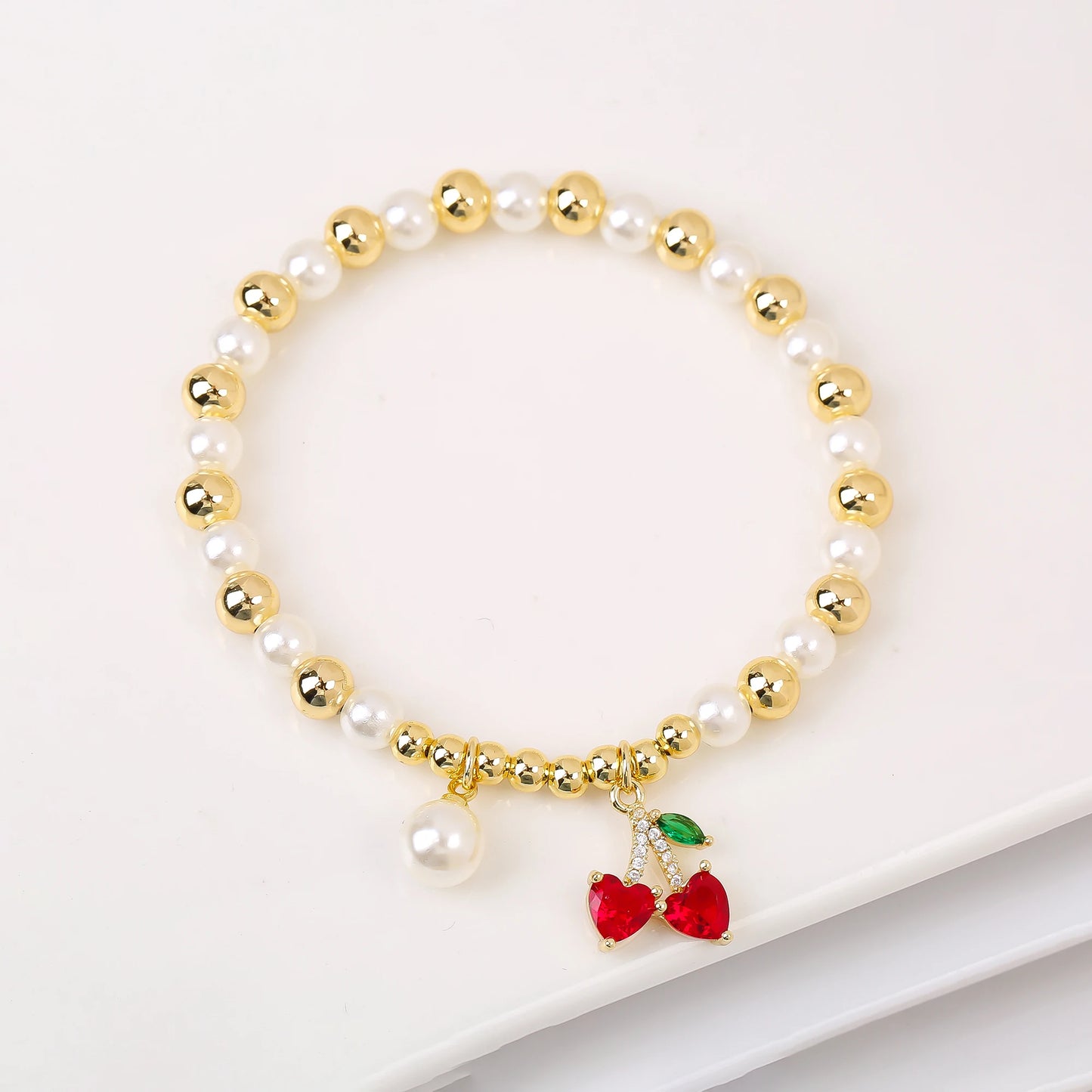 Trendy Crystal Cherry Shape Heart Copper Beads Chain Pearls Bracelet For Women 15 Styles Choice Daily Versatile Jewelry Gift