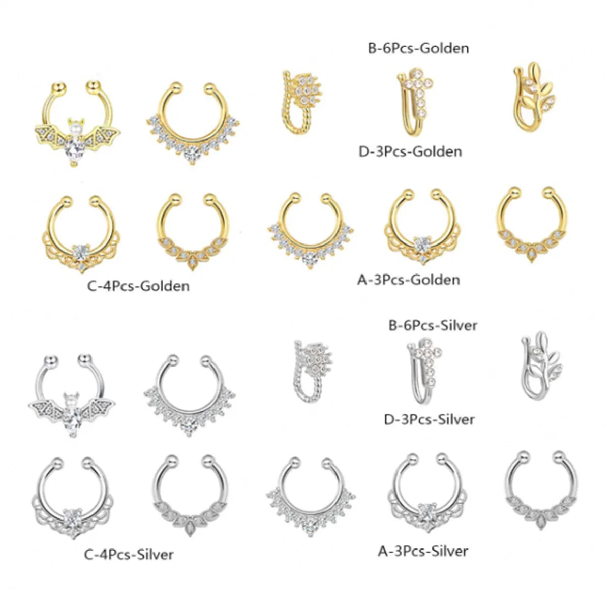 3/6pcs 16G 316L Stainless Steel Bat Fake Septum Ring,Non-Pierced Fake Nose Rings Clip On Nose Hoop Faux Septum Piercing Jewelry