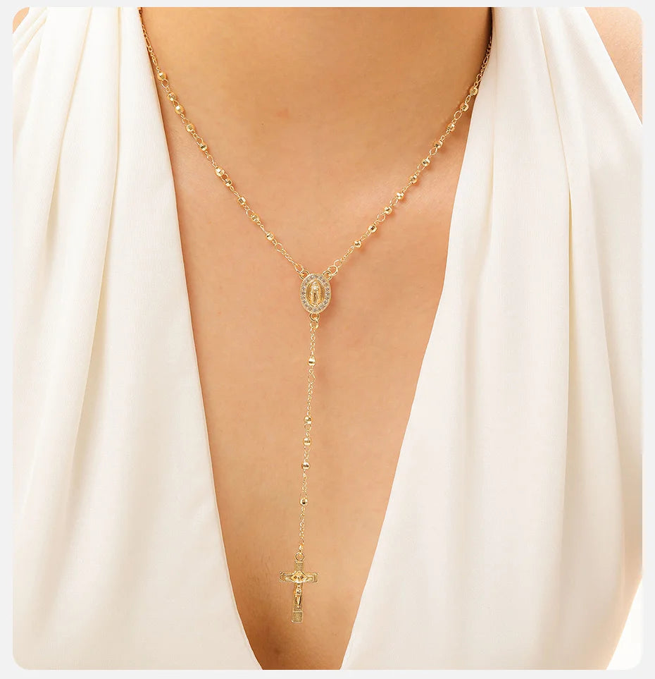 Vnox Virgin Mary Heart Rosary Necklaces for Women Men, Gold Plated Cross Prayer Collar, Long Sweater Chain Necklace