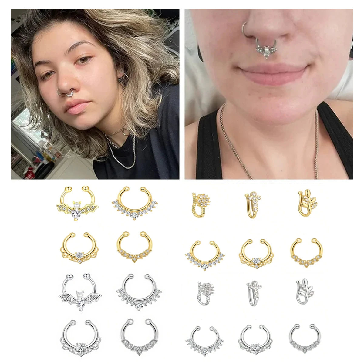 3/6pcs 16G 316L Stainless Steel Bat Fake Septum Ring,Non-Pierced Fake Nose Rings Clip On Nose Hoop Faux Septum Piercing Jewelry