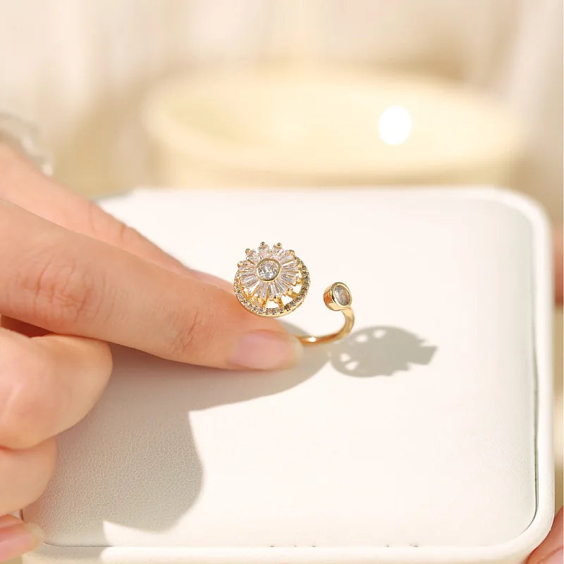 Versatile Flower Rotatable Cubic Zirconia Size Adjustable Rings For Women Gold Copper Metal Ring Party Jewelry