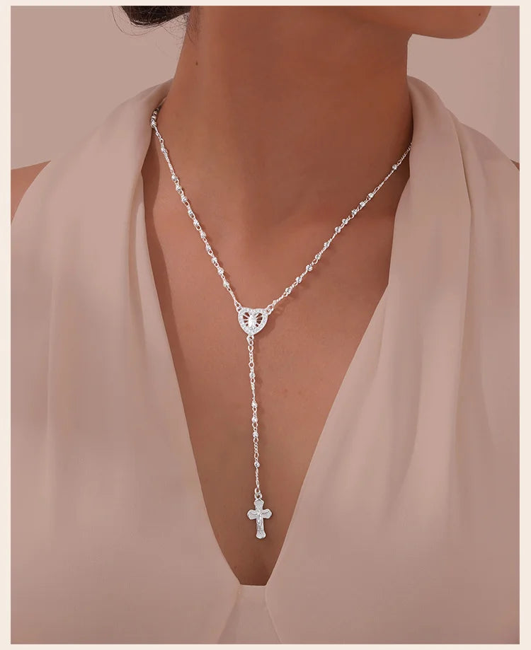 Zirconia Heart Virgin Mary Rosary Bead Cross Necklace for Women, Long Chain Cross Pendant Christian Catholic Religious Jewelry
