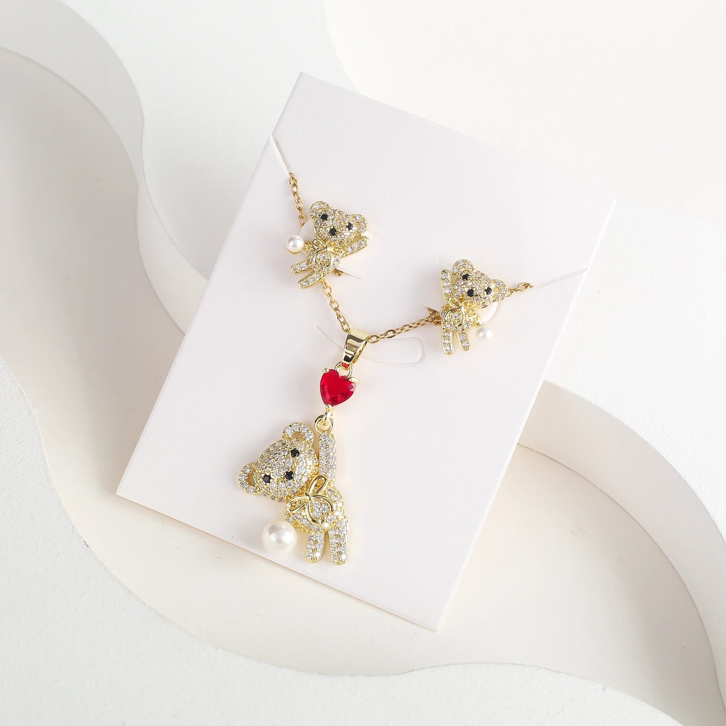 New Cute Zirconia Animal Bear Dolphin Leopard Dog Pendant Necklace Set Girls Anti-Allergy Earrings Holiday Party Gift Wholesale