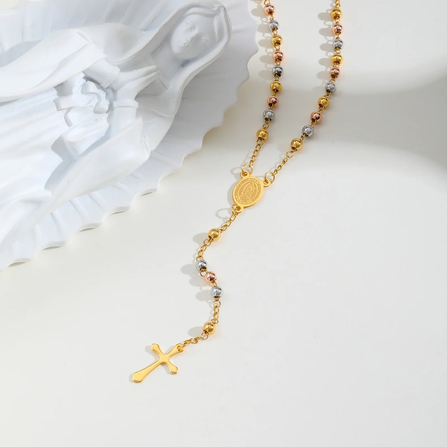 Tri-color Beaded Virgin Mary Y-shaped Necklace, Holy Spirit Cross Pendant Necklace for Women, Stainless Steel Religious Jewelry