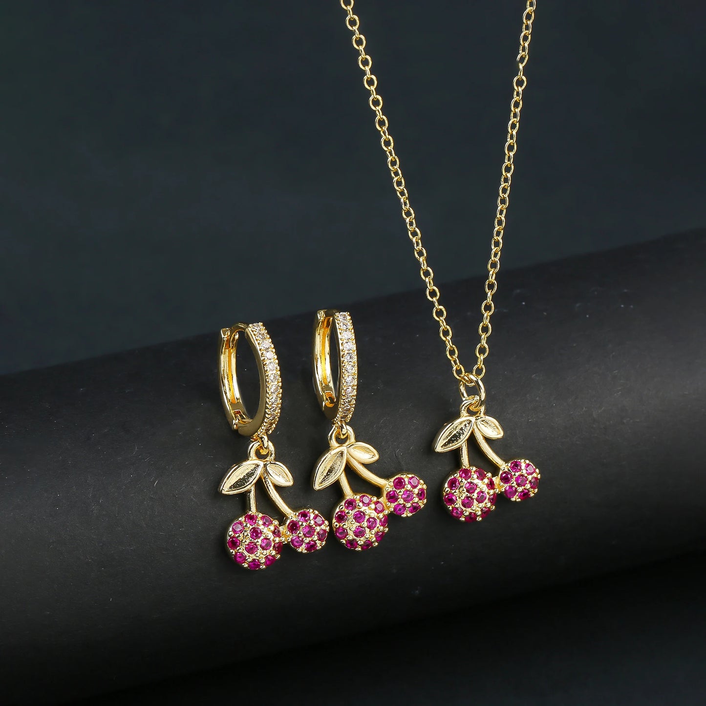 Light Luxury Crystal Zirconia Red Cherry Jewelry Set Earrings Necklace for Women Girls Sweet Jewelry Accessories Party Gifts