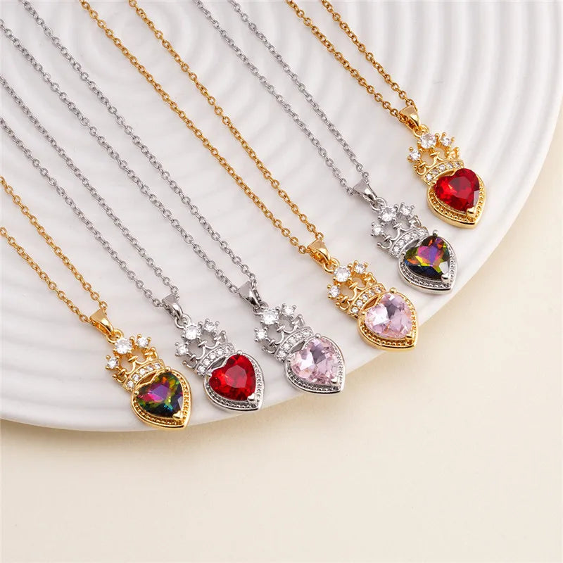 High Grade Crown Heart Zircon Pendant Necklace Stainless Steel Chains Geometric Choker Jewelry Party Gifts For Women Girls
