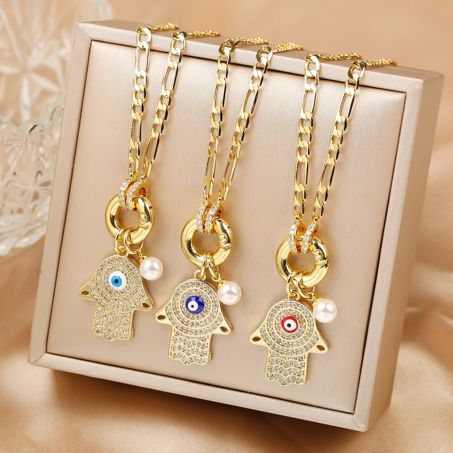 Punk Style Full Zirconiac Evil Eye Palm Pearl Pendant Necklace Luxury For Man Woman Daily Wear Clavicle Chain Jewelry Party Gift