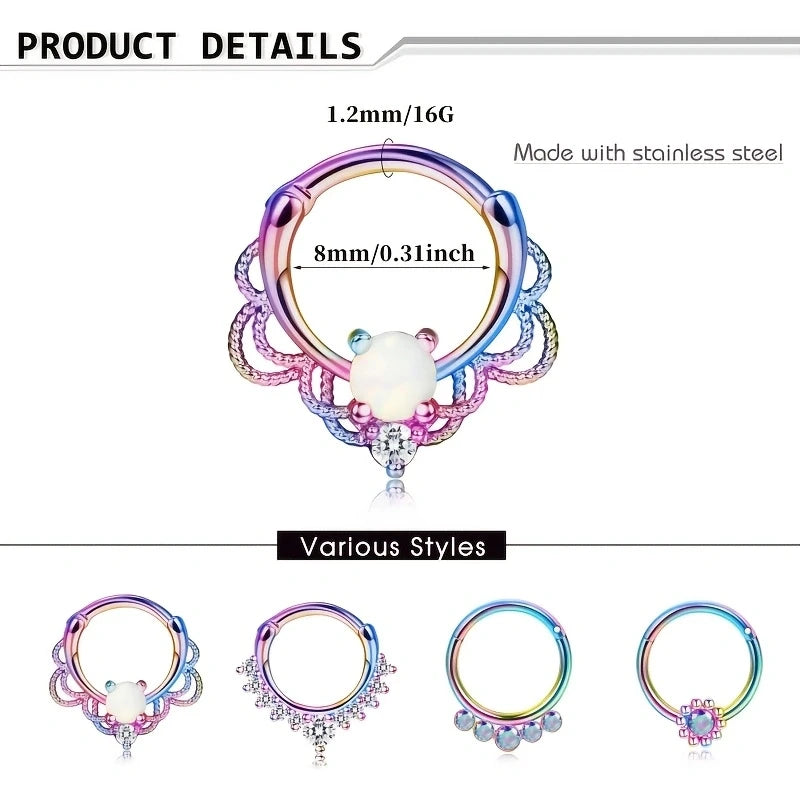 1/4Pcs 16G Stainless Steel Opal Colourful Nose Ring for Women Men,Fashion Sexy Septum Nasi Diaphragm Piercing Jewelry Gift