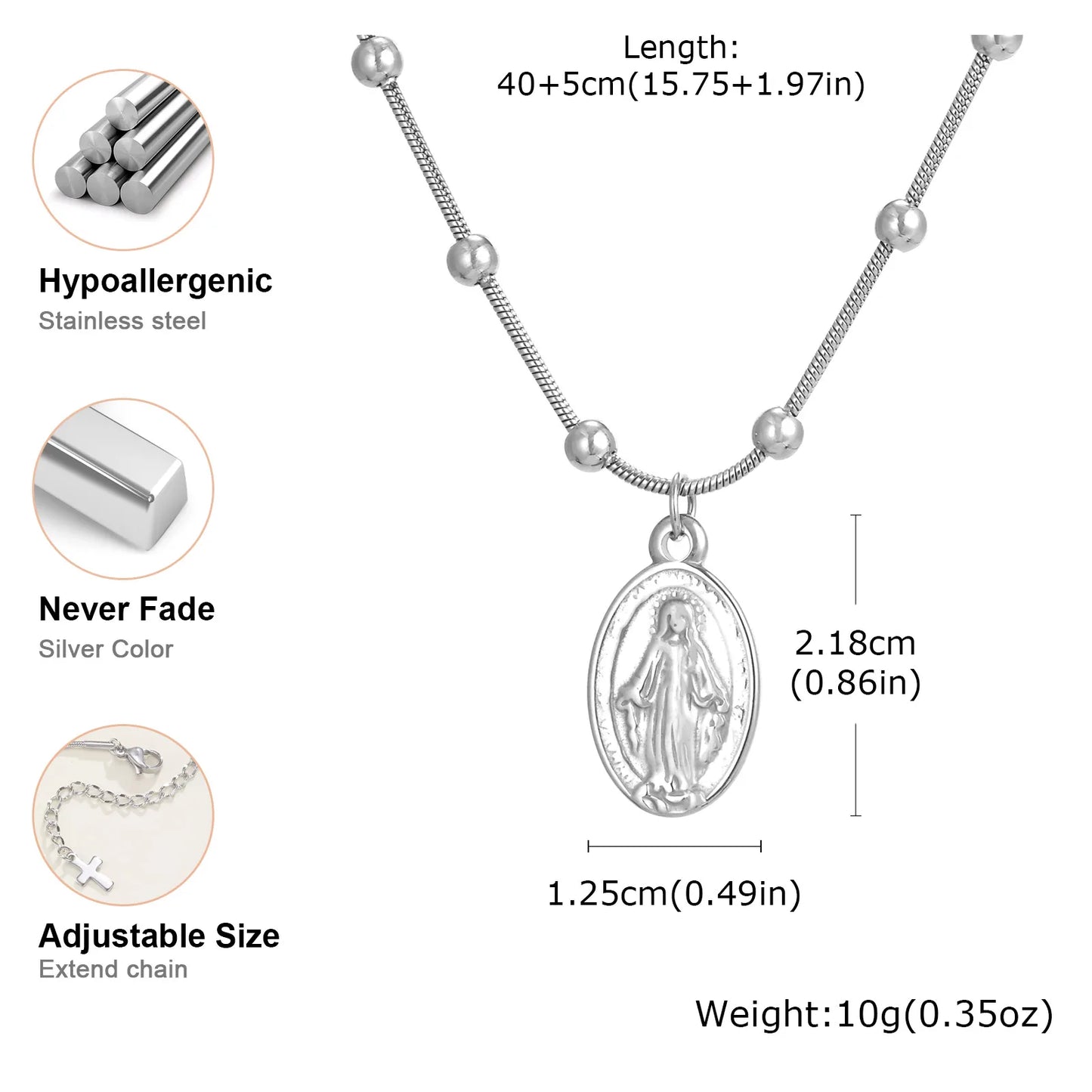 Holy Virgin Rosary Necklace for Women,Stainless Steel Bead Snake Chain Necklaces,Classic Religion Jewelry Gift