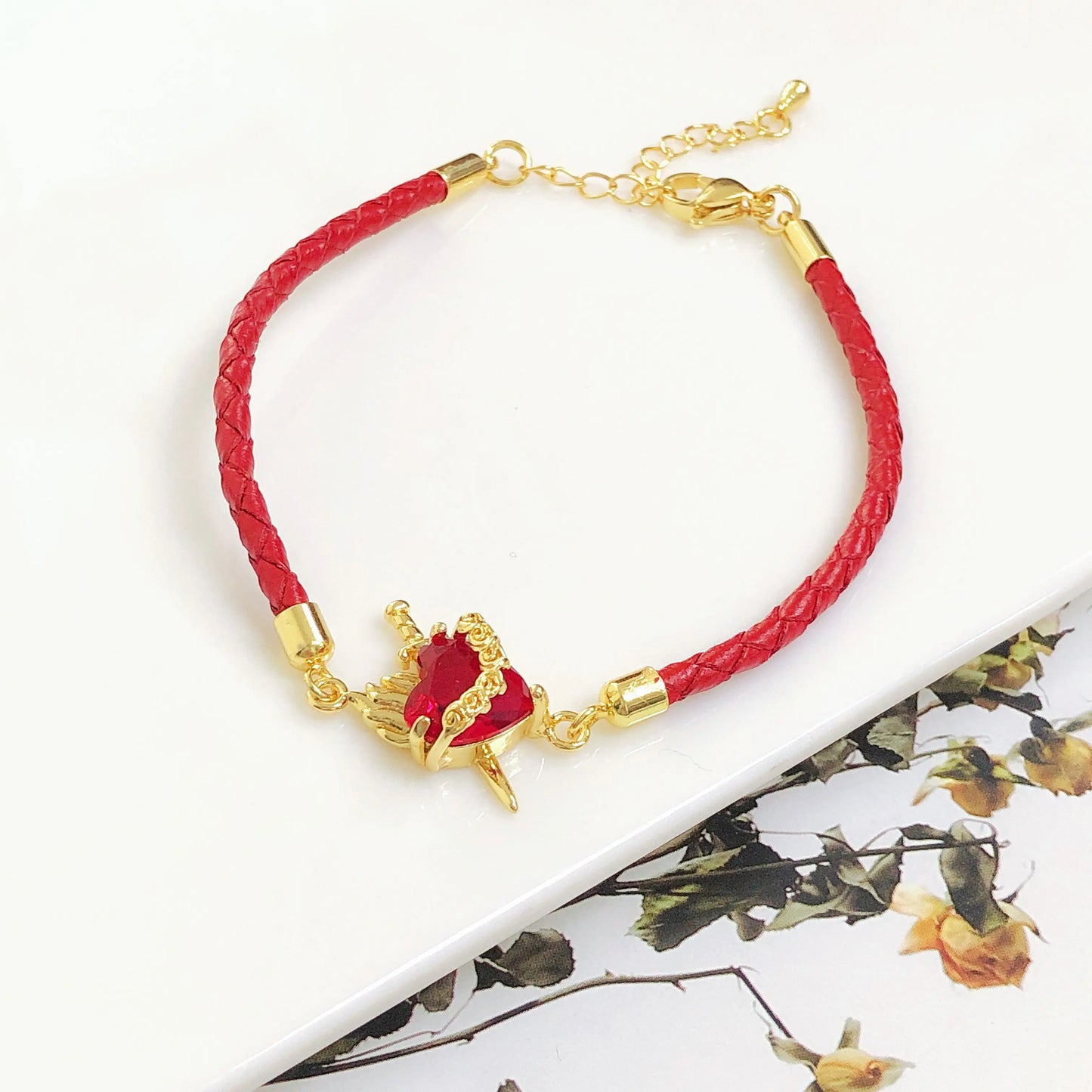 New Arrival Red Heart-Shaped Crystal Gold-Plated Flower Leaf Leather Bracelet Luxury For Women Girls Travel Vacation Jewelry