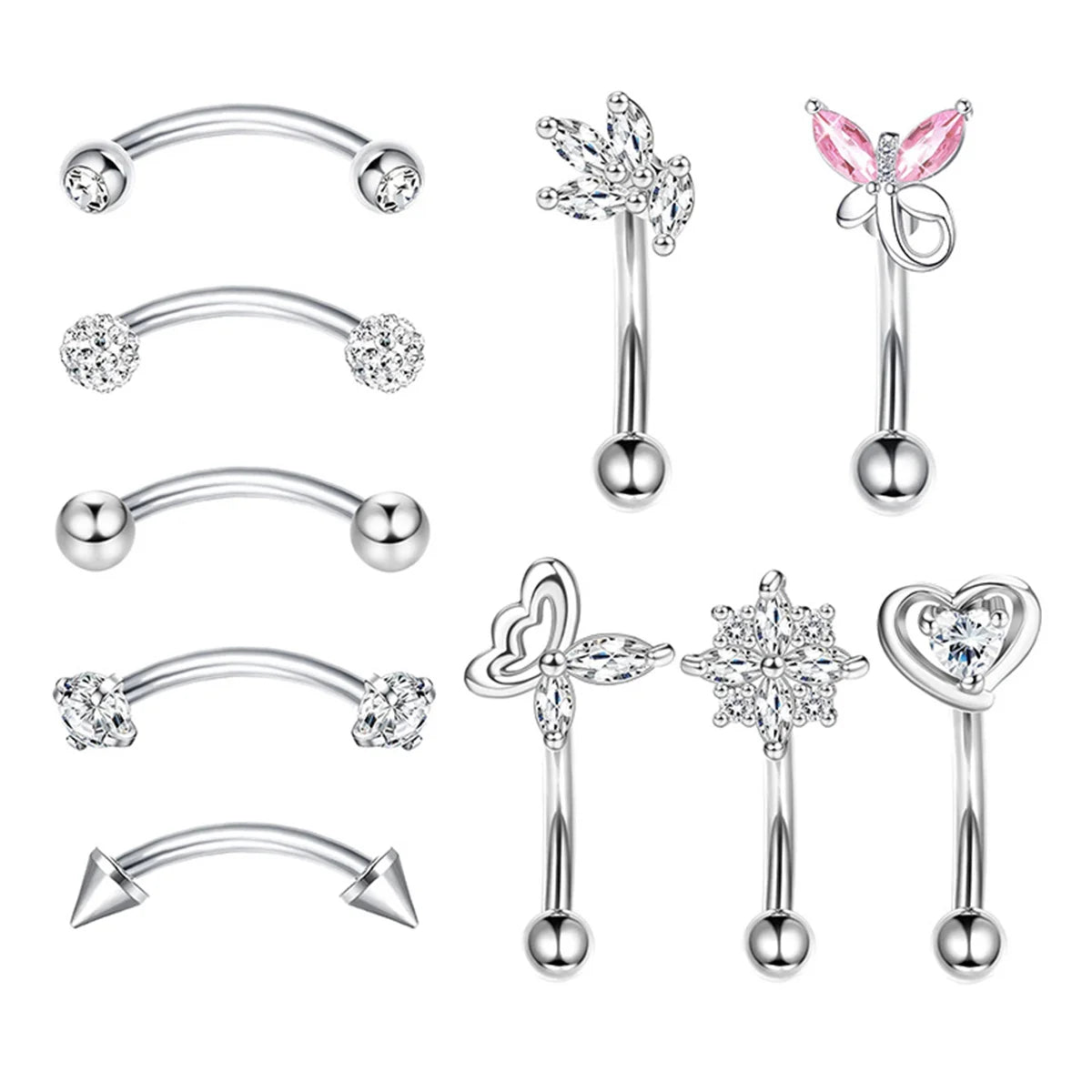 10Pcs 316L Stainless Steel Cubic Zirconia Heart Rooking Eyebrow Rings Set,Daith Cartilage Conch Rook Eyebrow Piercing Jewelry