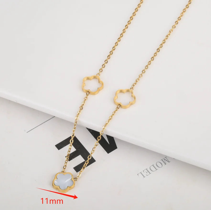 3pc New Design Single-Sided Plant Five Leaf Flower Hollow Bracelet Necklace Earring Set Stainless Steel Women's Clover