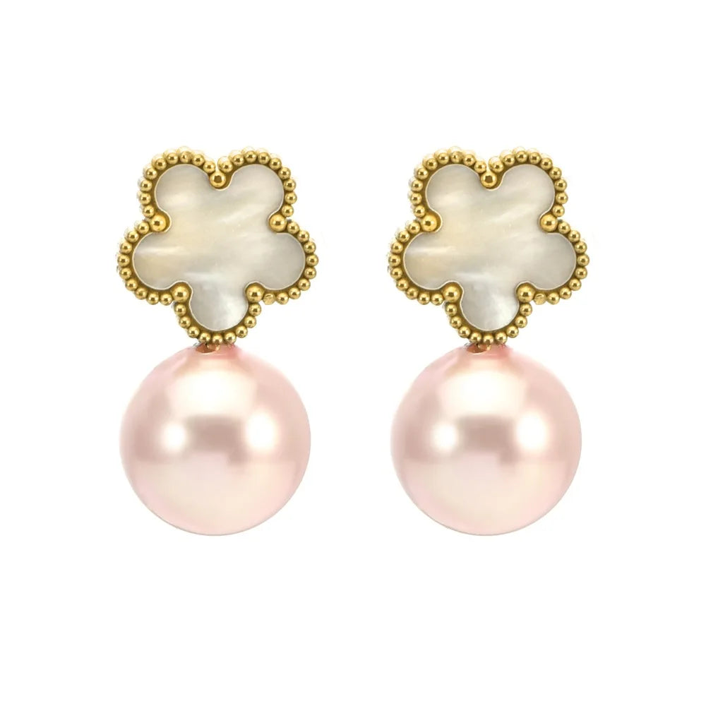Hot Sale Stainless Steel Five Leaf Flower Pearl Drop Earrings Classic For Woman Clover Jewelry High Quality Party Wedding Gift
