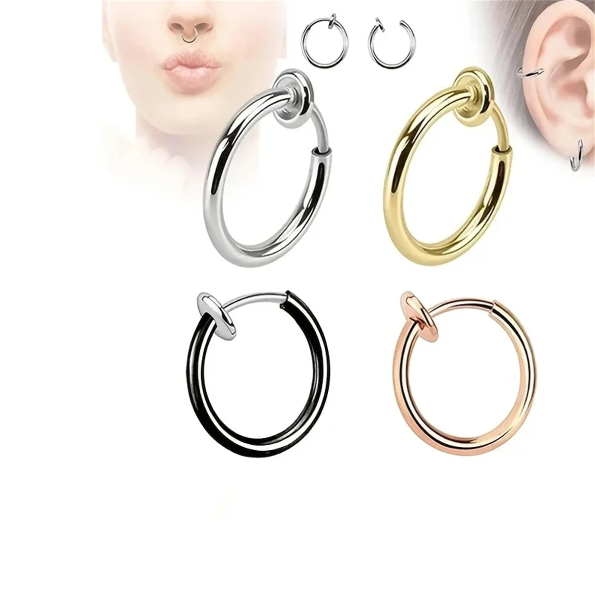 2/8pcs Fake Nose Ring Hoops, Clip on Ear Fake Septum Ring Non Piercing Spring Hoop Earrings Lip Ring Fake Cartilage Earrings
