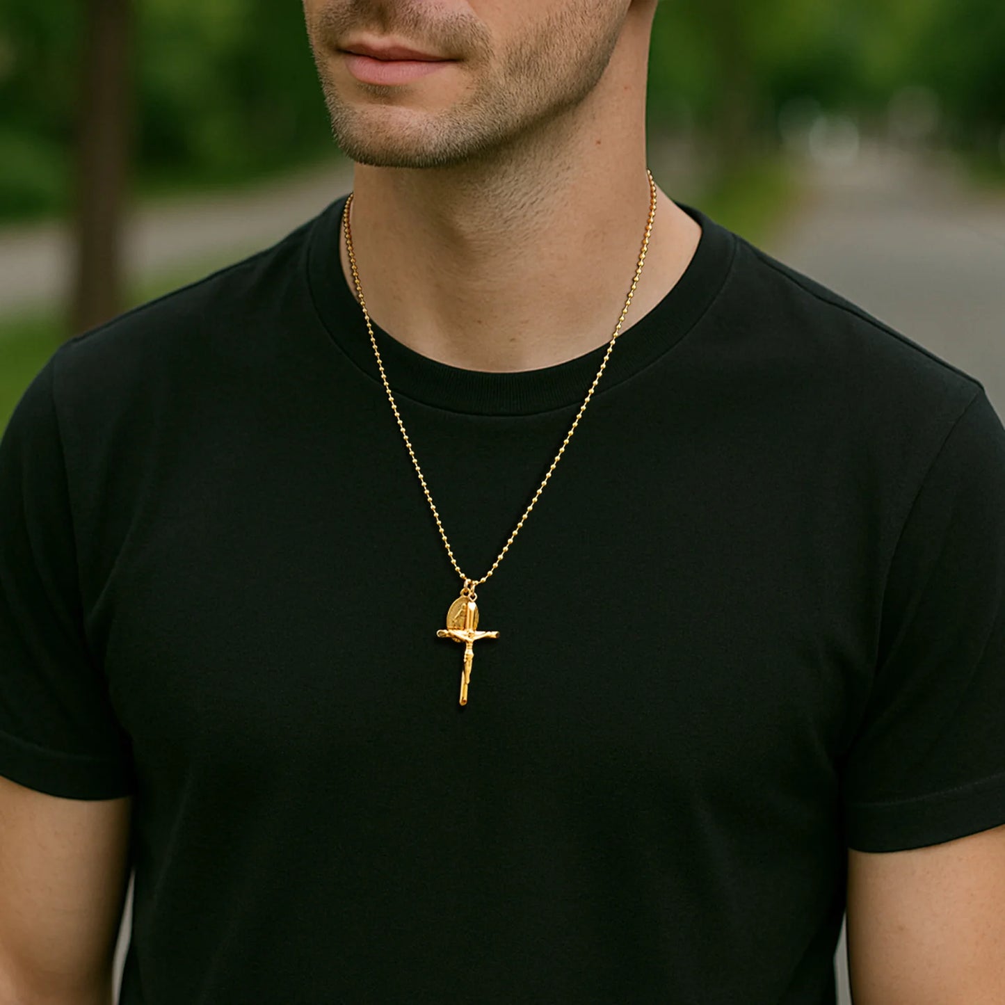 Catholic Cross Necklace for Men Boys,Gold Plated Stainless Steel Virgin Mary Prayer Necklace, Religious Faith Jewelry Gift