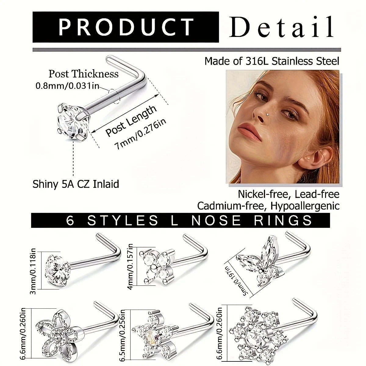 6Pcs 20G 316 Stainless Steel Elegant Screw Nose Rings for Women,Shiny Cubic Zirconia - L-shaped L Shape Nose Piercings Jewelry
