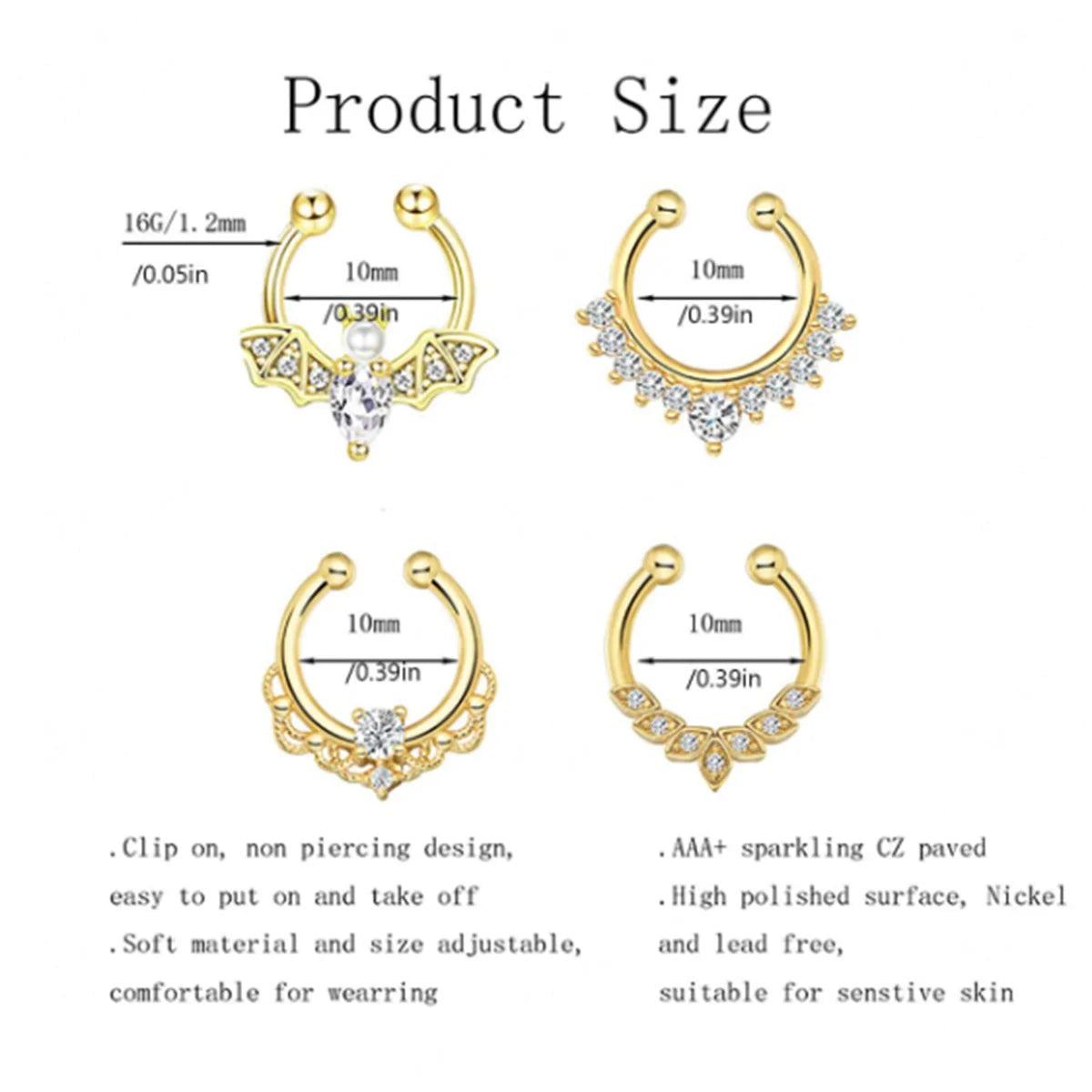 3/6pcs 16G 316L Stainless Steel Bat Fake Septum Ring,Non-Pierced Fake Nose Rings Clip On Nose Hoop Faux Septum Piercing Jewelry