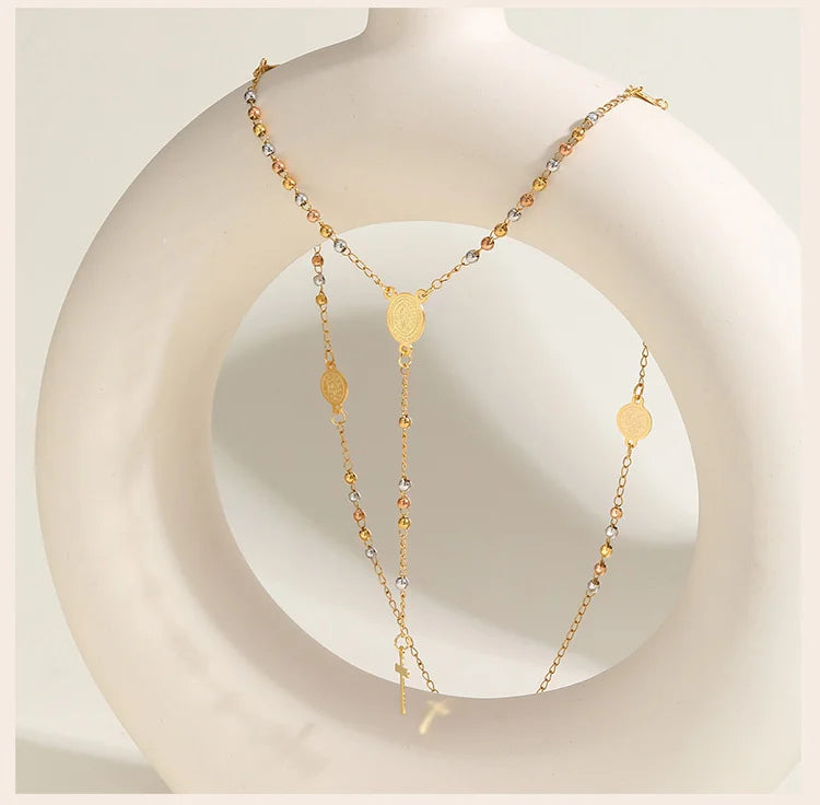 Beads Rosary Necklace Cross Pendant For Women,virgin Mary St Benedict Y Shape Drop Necklace, Protection Jewelry