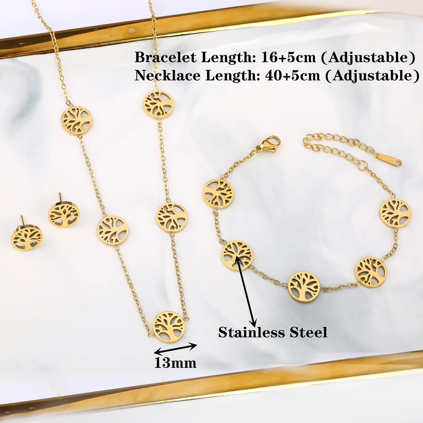 Top Quality Gold Plated Stainless Steel Tree Of Life Necklace Earrings Bracelet 3 Pcs Jewelry Set For Woman Girl Party Jewelry