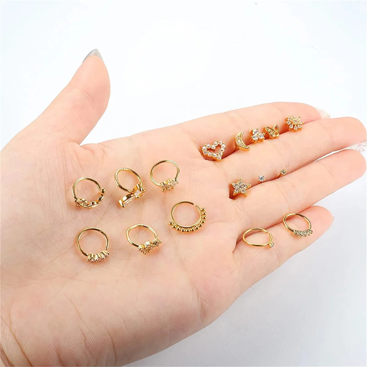 16Pcs 20G Flower Butterfly Nose Rings Hoops,Inlaid Shiny Zircon Nose Screw Nose Body Piercing Jewelry Decoration