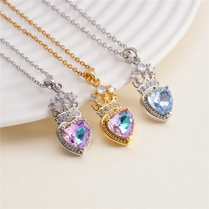 High Grade Crown Heart Zircon Pendant Necklace Stainless Steel Chains Geometric Choker Jewelry Party Gifts For Women Girls