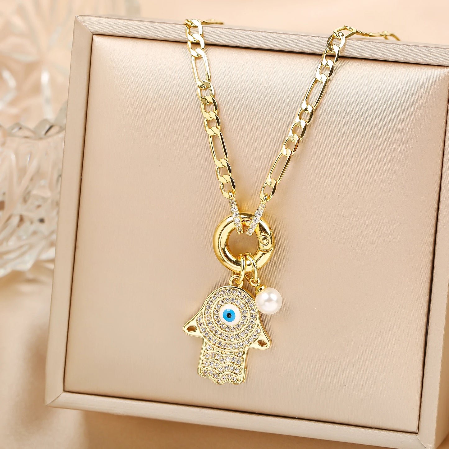 Punk Style Full Zirconiac Evil Eye Palm Pearl Pendant Necklace Luxury For Man Woman Daily Wear Clavicle Chain Jewelry Party Gift