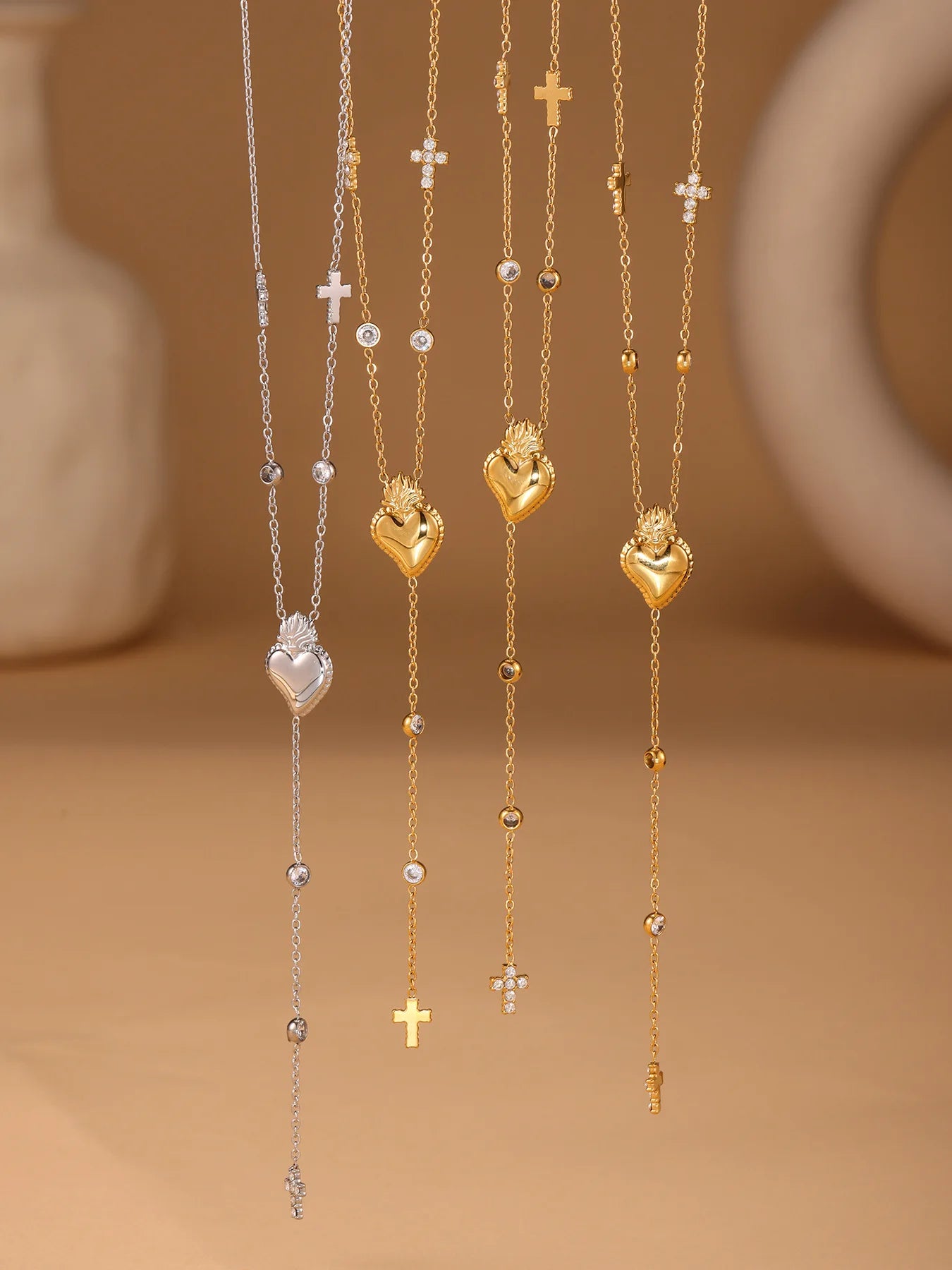 Elegant Stainless Steel Women Necklace Long Cross Pendant Round Zircon Chain Waterproof Luxury Charm Jewelry