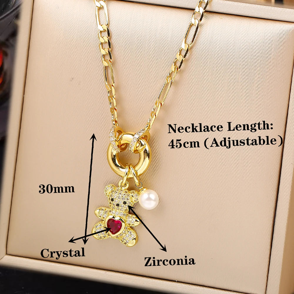 Hot Sale 2PCS Animal Bear Zirconia Bracelet Jewelry Necklace Set for Women Female Daily Party Crystal Jewelry Girl Gift