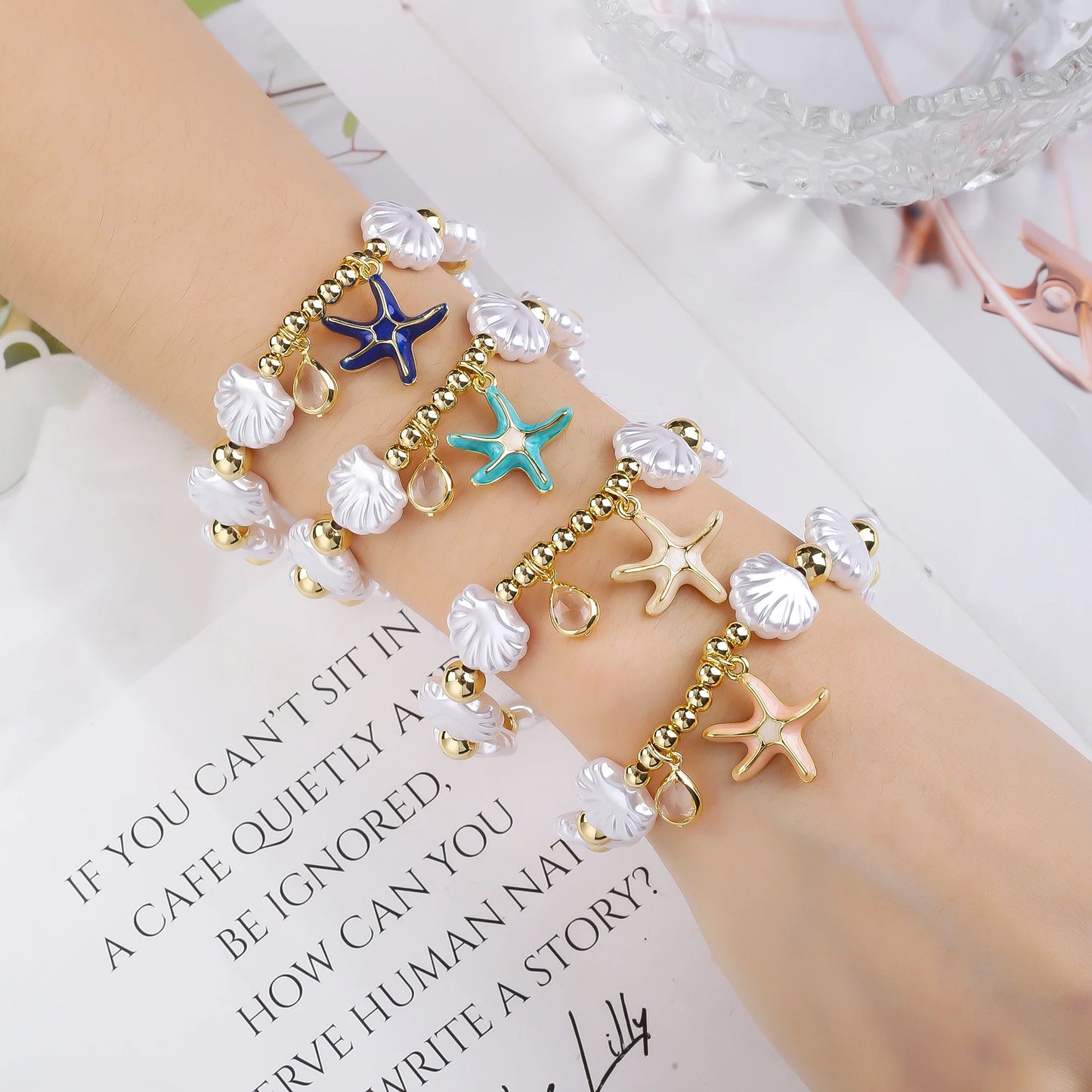 Hot Sale White Shell Woven Starfish Pendant Gold Plated Copper Bead Bracelet Luxury for Woman Girl New Trend Party Jewelry
