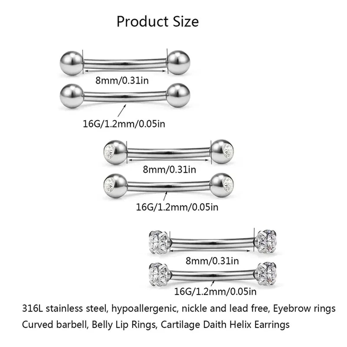 6Pcs Elegant Fashion 316 Stainless Steel Curved Barbell Eyebrow Ring,Inlaid Shiny Zircon Belly Lip Ring Body Piercing Jewelry