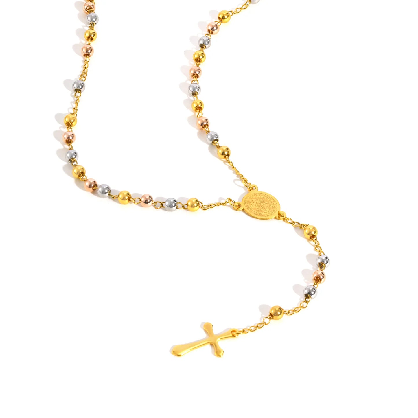 Tri-color Beaded Virgin Mary Y-shaped Necklace, Holy Spirit Cross Pendant Necklace for Women, Stainless Steel Religious Jewelry