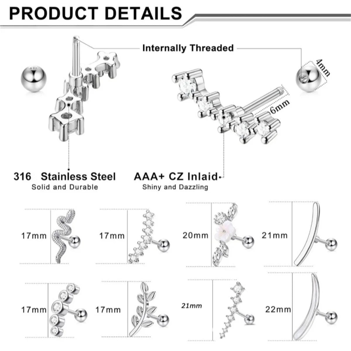 1/4/6/8Pcs 16G Stainless Steel Screw Back Stud Earrings for Women,Cubic Zerconia Cartilage Conch Helix Ear Piercing Jewelry