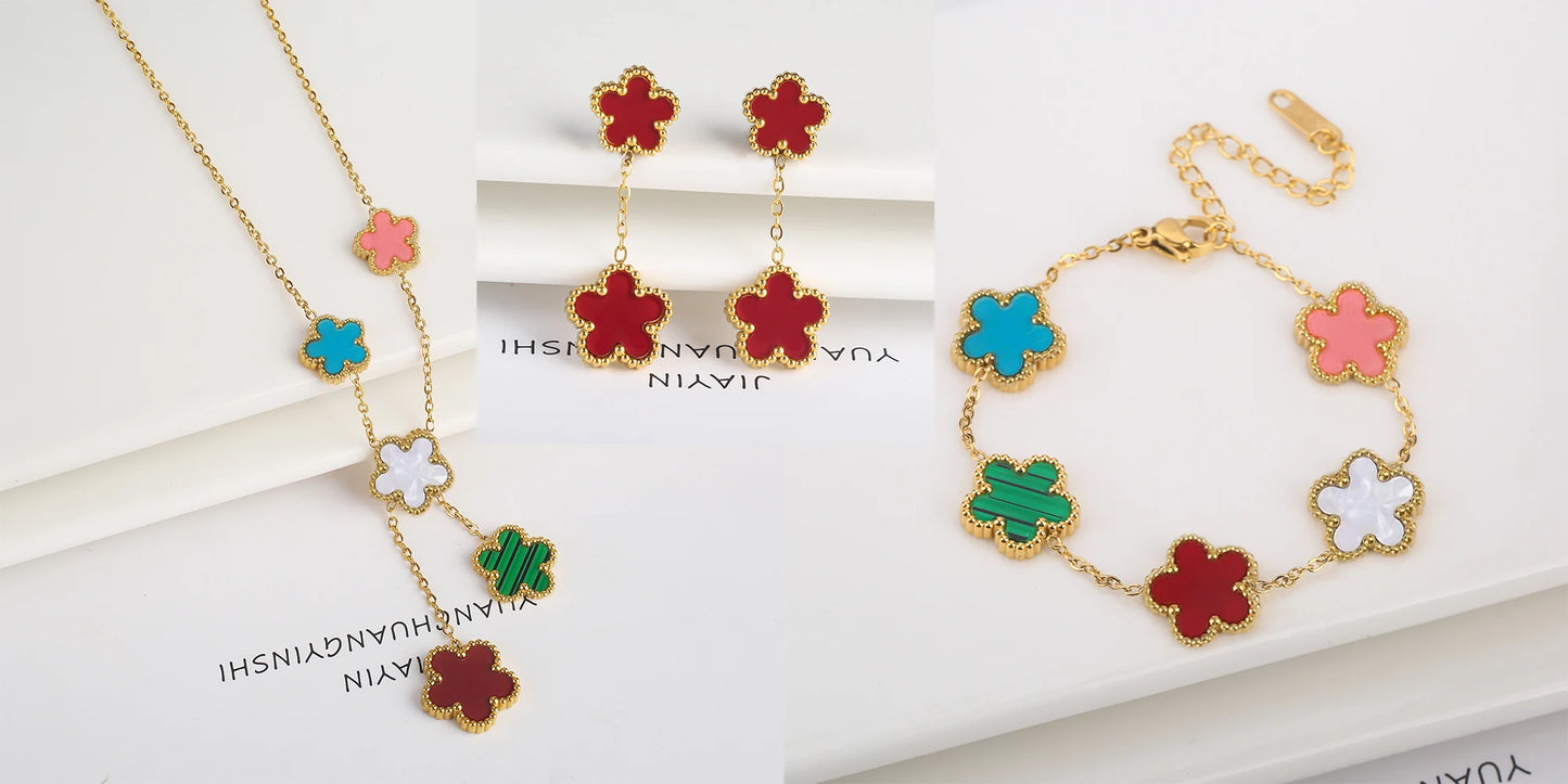 High Quality Stainless Steel Five Leaf Flower Women Jewelry Set Bracelet Necklace Earrings Simple for Woman Clover Brand Jewelry