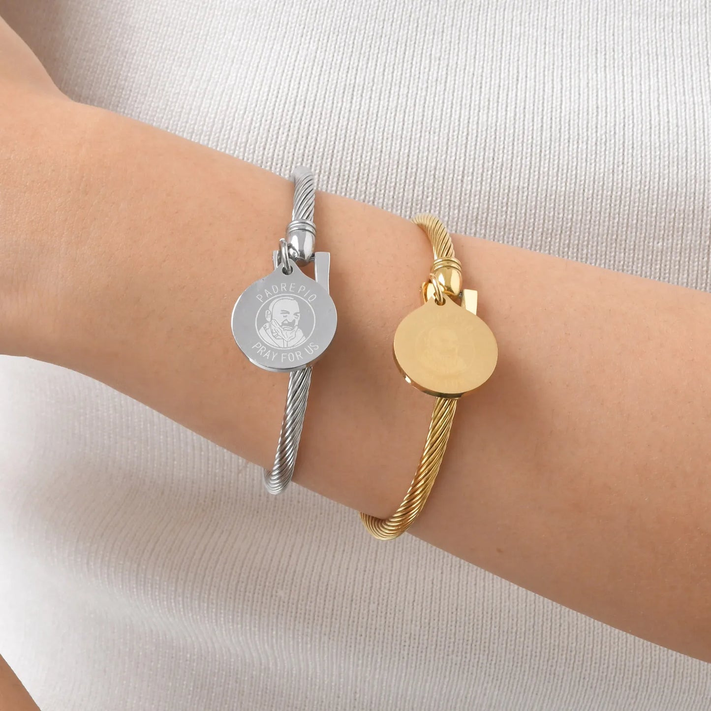 Prjewel Unique Stainless Steel Bracelets For Women Padre Pio Catholic Saint Round Accessory Bangles Religious Jewelry Set Gifts