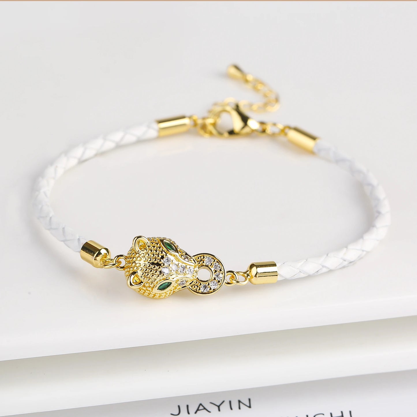 Adjustable Leather Rope Braided Zirconia Animal Leopard Head Bully Bracelet Fashion for Man Woman Party Jewelry Gift Daily Wear